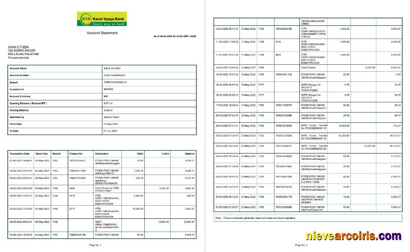 India KVB bank statement 2 pages